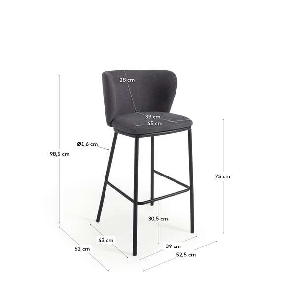 Ciselia Барный стул из темно-серой синели и черной стали 75 см