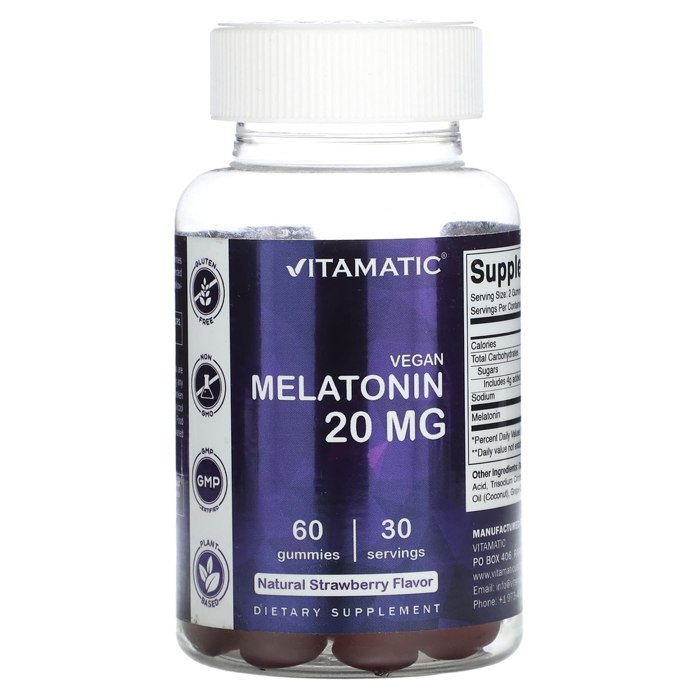 Vitamatic, веганский мелатонин, со вкусом натуральной клубники, 60 жевательных мармеладок (10 мг в 1 жевательной мармеладке)