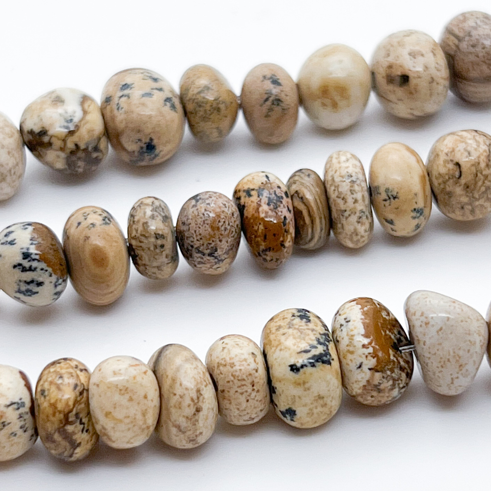 "Яшма пейзажная" бусины, галтовка, размер около 8-11 мм, цена за отрезок 19 см (1/2 нити)