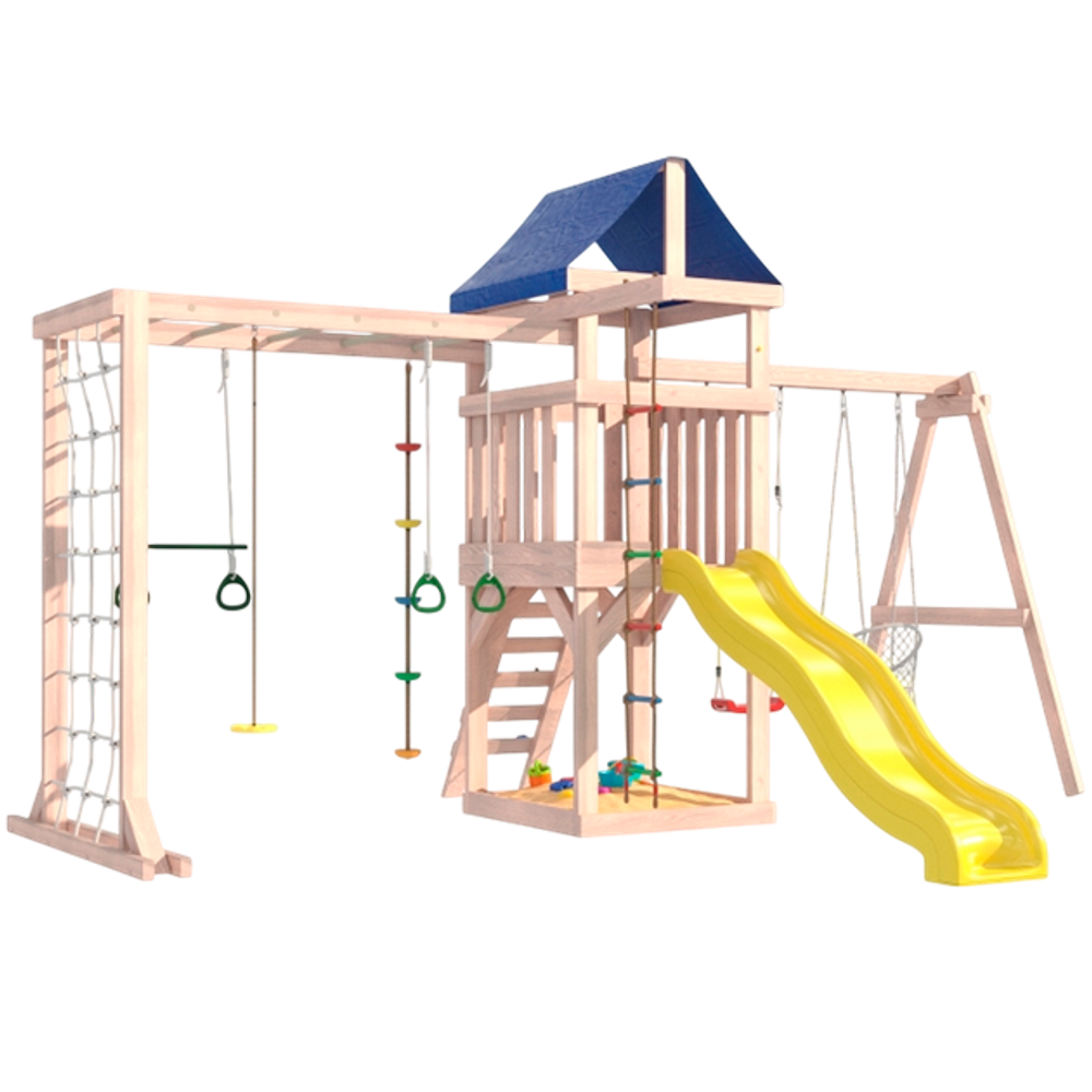 Детская площадка Fun Land неокрашенная с сеткой, рукоходом, качелями и плетенным креслом