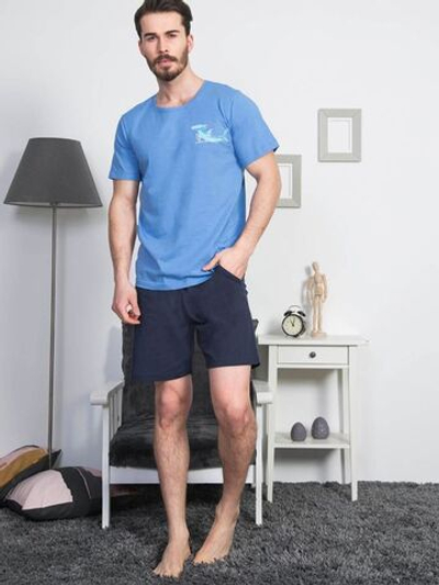 Мужской трикотажный комплект с небольшим принтом на груди (Размер: S) (Цвет: серый с синим)