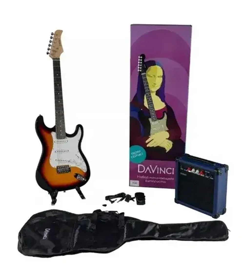 DAVINCI SET-100 BK комплект: электрогитара, комбоусилитель, чехол, кабель, медиатор, ремень, тюнер, стойка, цвет: черный.