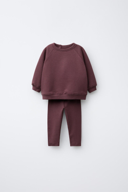 ZARA КОМПЛЕКТ ОДНОТОННОЙ ТОЛСТОВКИ И ЛЕГИНСОВ, БАКЛАЖАННЫЙ
