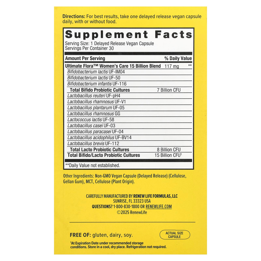 Renew Life, Women's Care, пробиотик Ultimate Flora™, 15 млрд КОЕ, 30 веганских капсул с отсроченным высвобождением