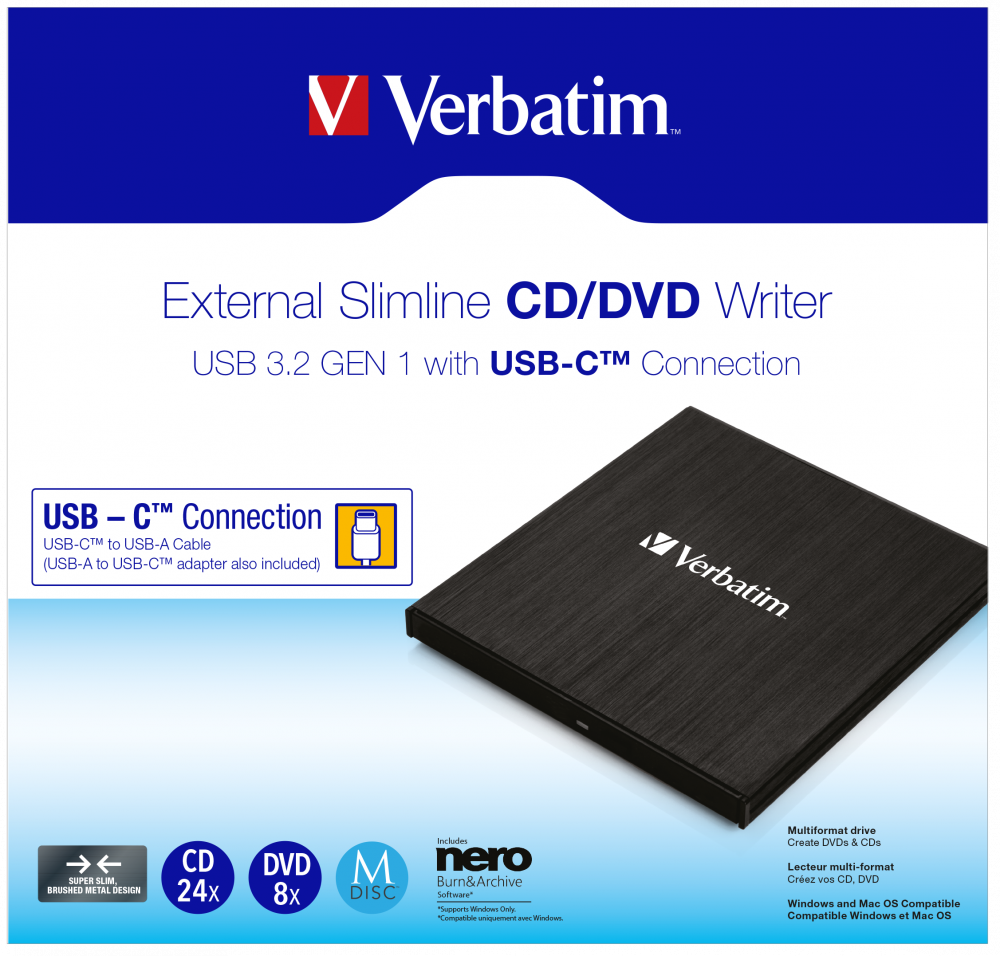 Привод CD/DVD Verbatim WRITER USB 3.2 Gen 1/USB-C внешний