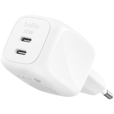 BELKIN 50w Dual USB-C PD wall Charger with PPS, White