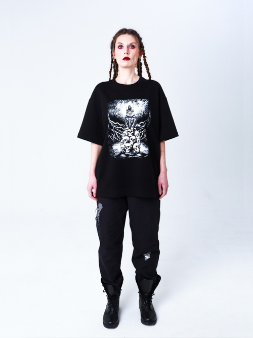 Футболка с принтом "Кот Баюн". Черная