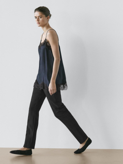 Massimo Dutti Топ в бельевом стиле с контрастной отделкой кружевом, темно-синий