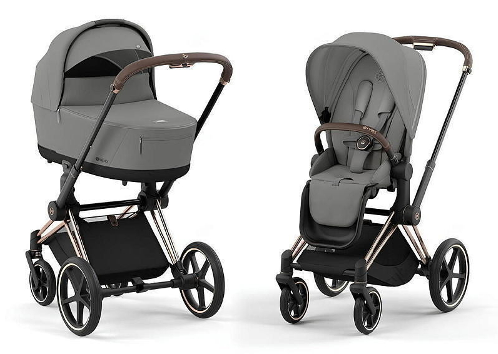 Коляска Cybex Priam IV Rosegold complete Aton S2 Ocean Blue Base One 4 в 1 Mirage Grey