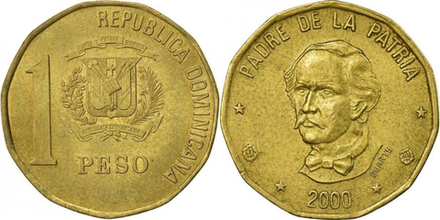 Доминикана 1 песо, 1992 - 2008 Хуан Пабло Дуарте XF