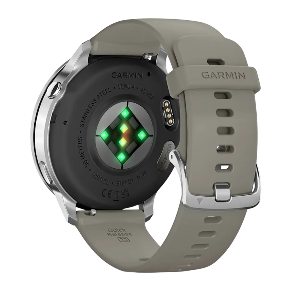 Спортивные часы Garmin Venu 4, 45 мм, серебристо-серый силиконовый ремешок Безель из нержавеющей стали серебристого цвета, корпус серебристого цвета, AMOLED-дисплей со стеклом Gorilla Glass. Ремешок с классической застёжкой — на запястье обхватом 135–200