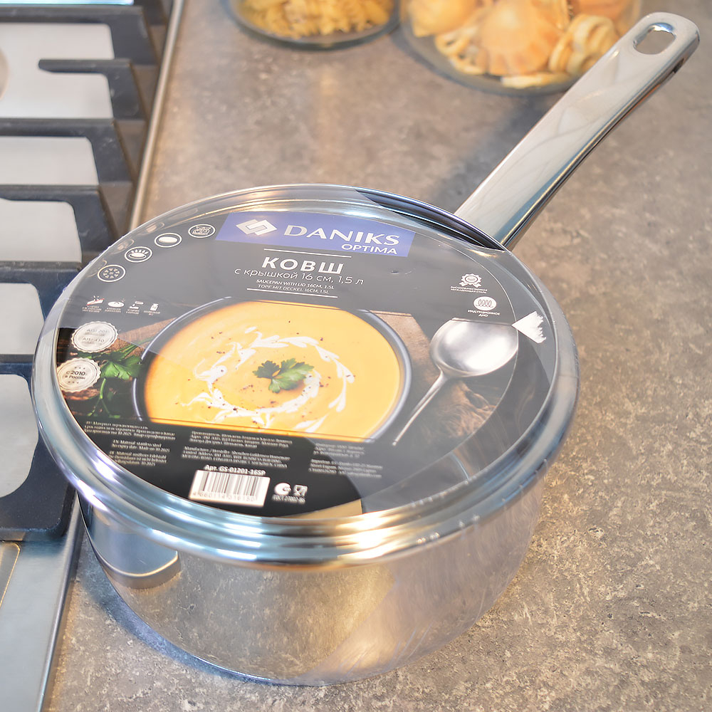 Ковш 1,5л нерж со стеклянной крышкой, с металлической ручкой, индукция, "Daniks" Оптима GS-01201-16S