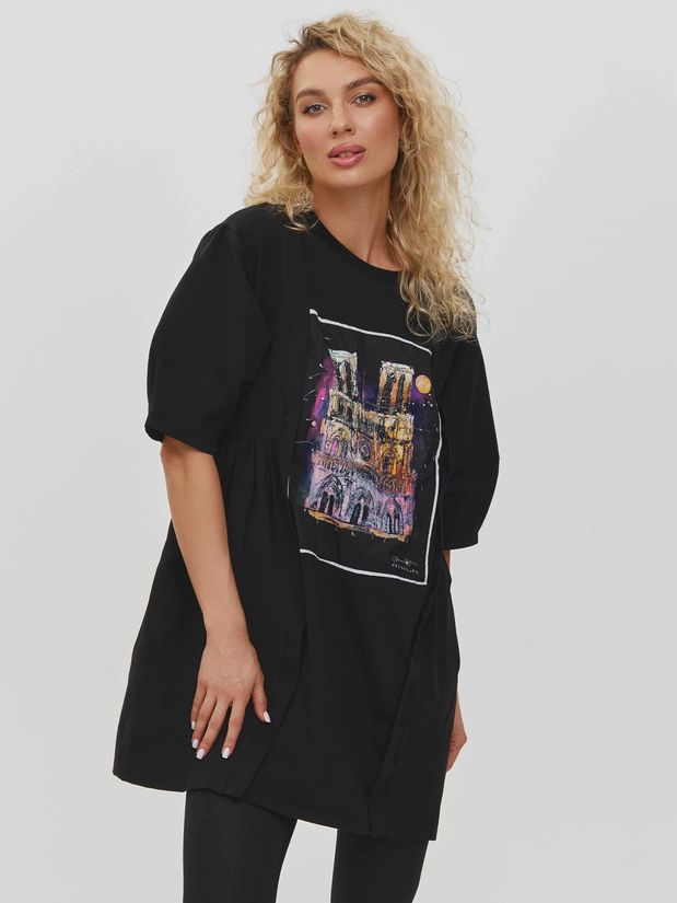 Платье футболка с принтом ПАРИЖ, черное