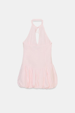 ZARA КОРОТКОЕ ПЛАТЬЕ ИЗ ПОПЛИНА С ГОРЛОВИНОЙ ХАЛТЕР И ЮБКОЙ-БАЛЛОН, БЛЕДНО-РОЗОВЫЙ