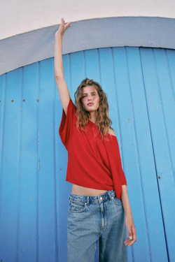 ZARA ТОП С ШИРОКИМИ РУКАВАМИ, КРАСНЫЙ