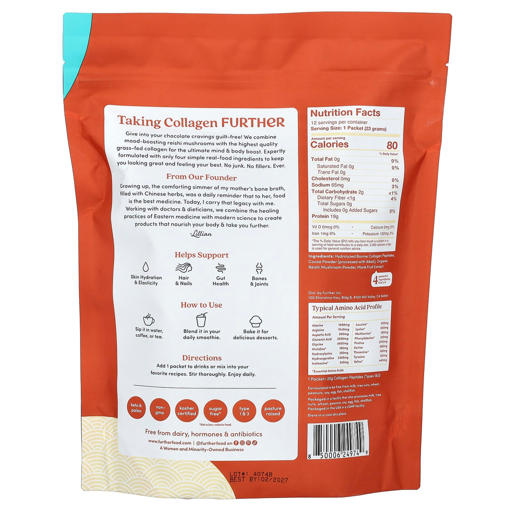 Further Food, Пептиды коллагена травяного откорма с грибами рейши, шоколад, 12 пакетиков по 23 г (0,81 унции)