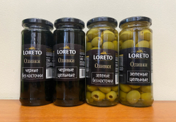 Оливки чёрные LORETO без косточки 340 гр в стеклянной банке Испания