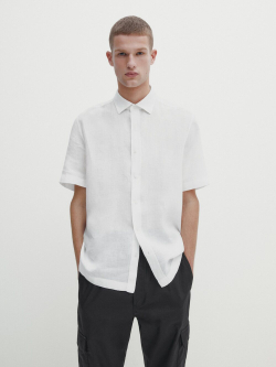 Massimo Dutti Рубашка из 100% льна с короткими рукавами,  белый