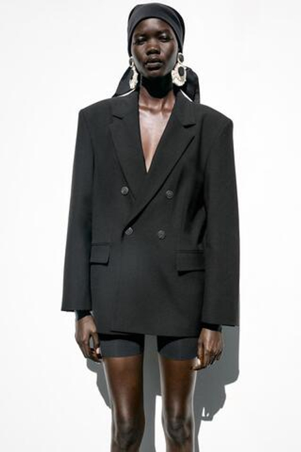 ZARA БЛЕЙЗЕР OVERSIZE С ПОДПЛЕЧНИКАМИ, ЧЕРНЫЙ