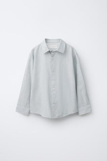 ZARA РУБАШКА ИЗ СМЕСОВОГО ЛЬНА В ПОЛОСКУ, СЕРО-СИНИЙ