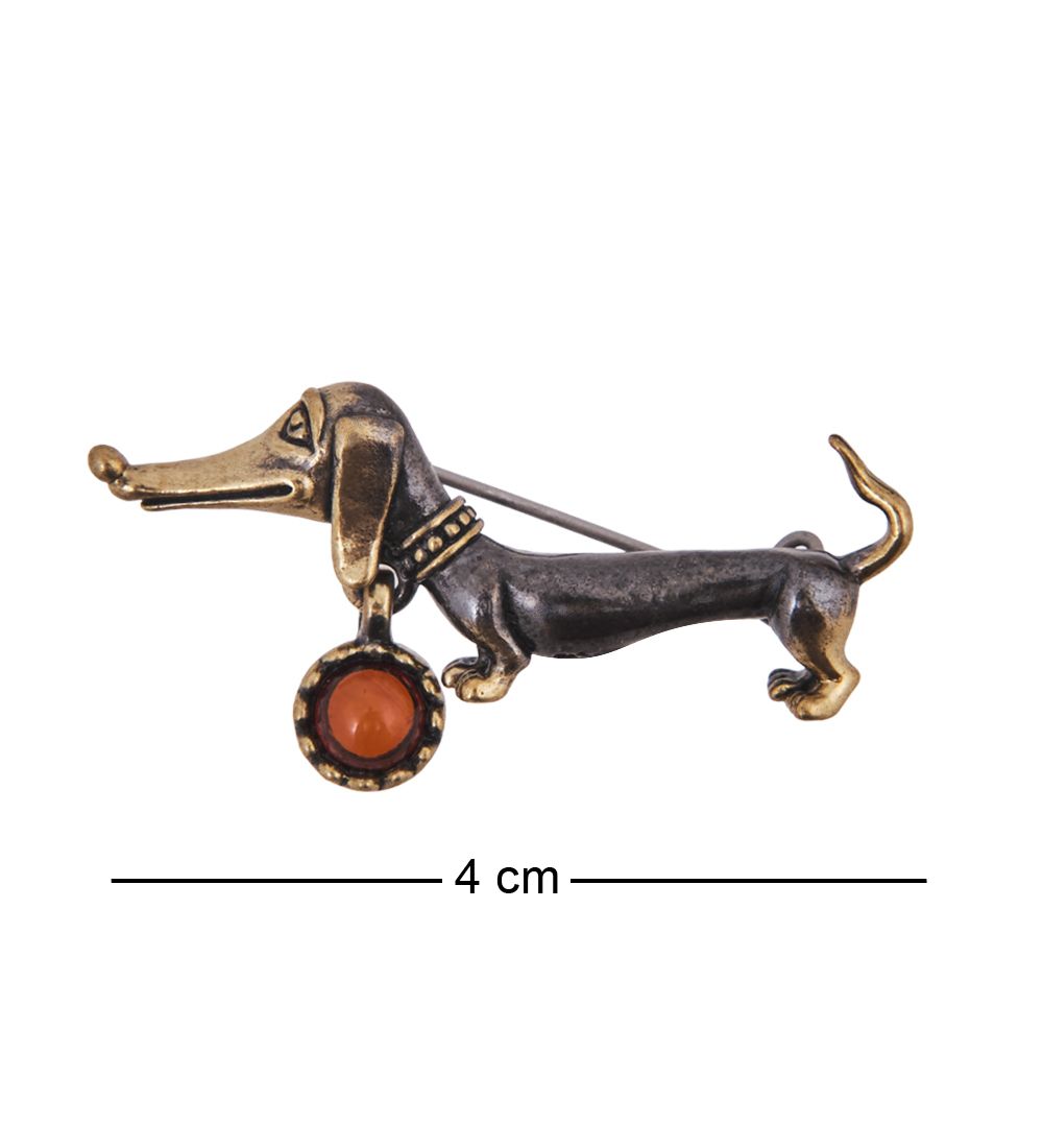 AM-4211 Брошь «Такса Кнопочка» (латунь, янтарь)