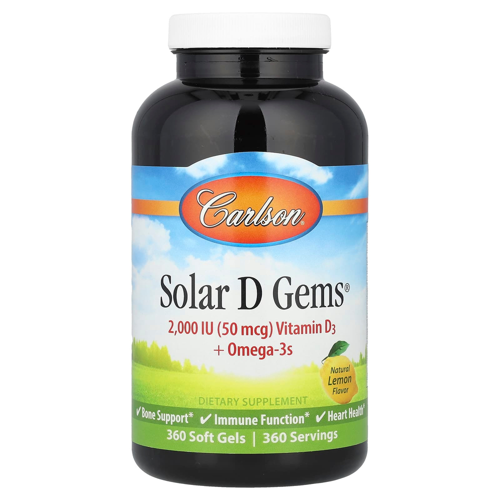 Carlson, Solar D Gems, витамин D3 + омега-3 кислоты, натуральный лимонный вкус, 2000 МЕ, 360 мягких таблеток