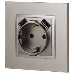 Розетка ЭРА Elegance 14-4109-16 2P+E 16A-250В, штор. с 2xUSB 5В-3А, титан