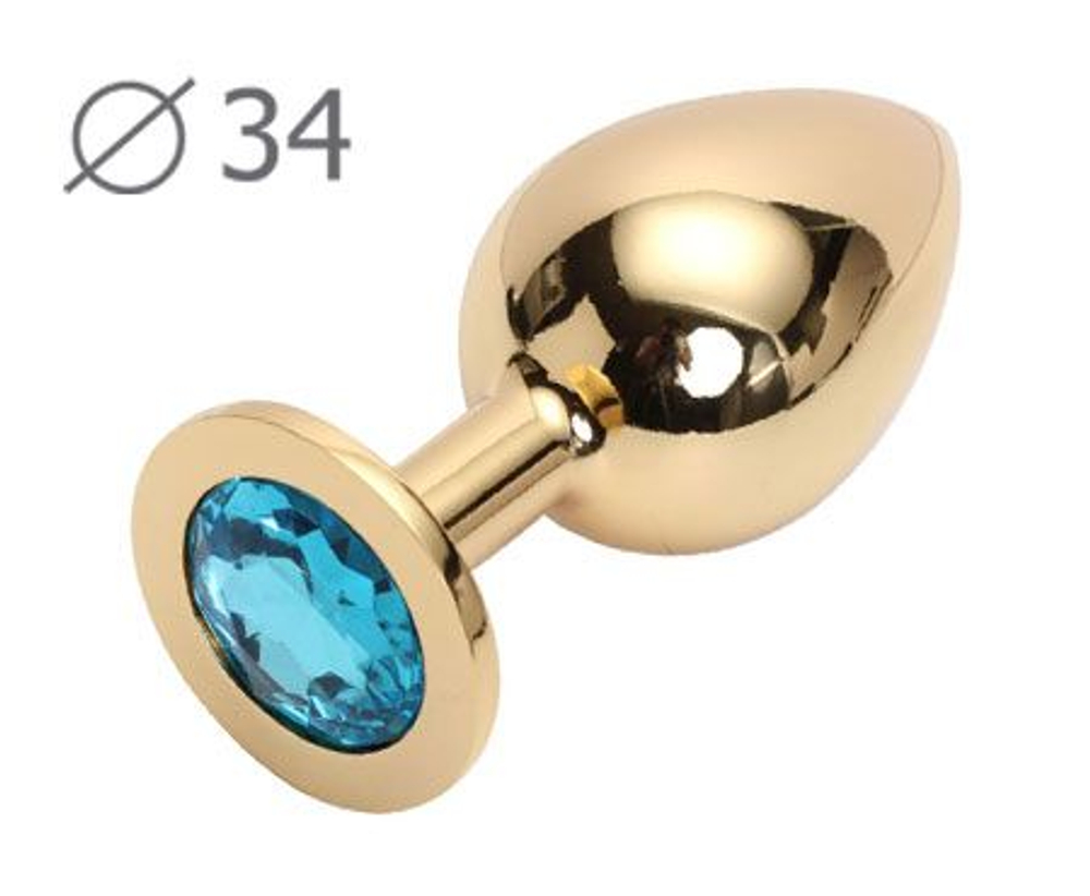 Коническая золотистая анальная втулка с голубым кристаллом - 8,2 см. (Цвет: голубой)