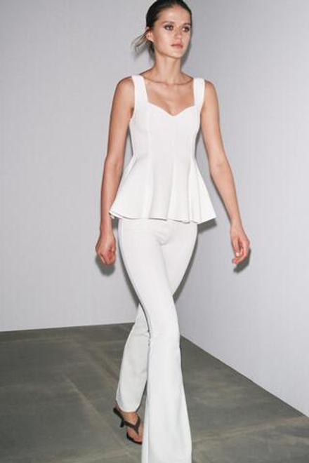 ZARA БРЮКИ FLARED ИЗ ЭЛАСТИЧНОЙ ТКАНИ, ЖЕЛТОВАТО-БЕЛЫЙ