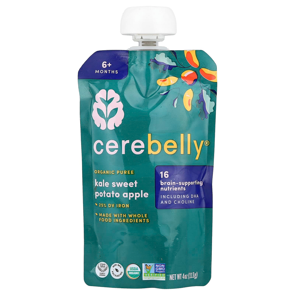 Cerebelly, органическое пюре, для детей от 6 месяцев, кудрявая капуста, батат и яблоко, 6 пакетиков по 113 г (4 унции)