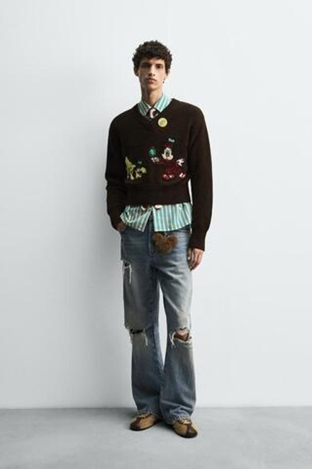 ZARA HARRY LAMBERT X DISNEY РАСКЛЕШЕННЫЕ ДЖИНСЫ С РАЗРЕЗАМИ, СИНИЙ