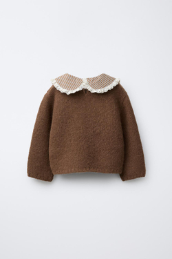 ZARA ТРИКОТАЖНЫЙ ДЖЕМПЕР С ПОЛОСАТЫМ ВОРОТНИКОМ И ЦВЕТАМИ, ШОКОЛАДНЫЙ