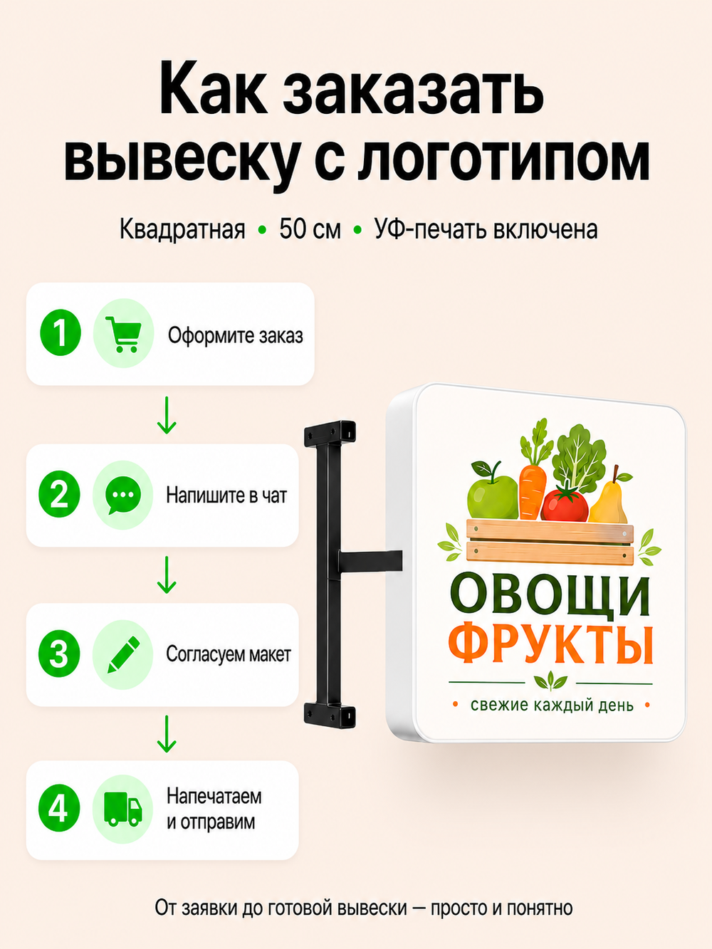 Вывеска на заказ с логотипом световая квадратная 50 см панель-кронштейн