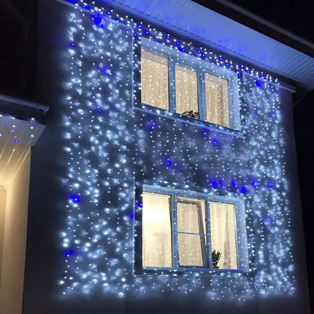 Гирлянда для улицы ЗАНАВЕС «Мерцание» ш2.0* в6.0 м 960 ламп LED, прозрач.пров,1 реж.,IP-54, Белый, синий мерцает (возможность соединения)