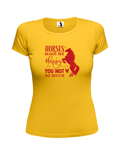 Футболка Horses make me happy женская приталенная желтая с красным рисунком