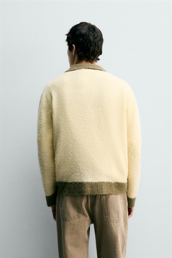 ZARA ПОЛО ИЗ ТРИКОТАЖА С КОНТРАСТНЫМИ ЭЛЕМЕНТАМИ И ШЕРСТЬЮ, ЭКРЮ