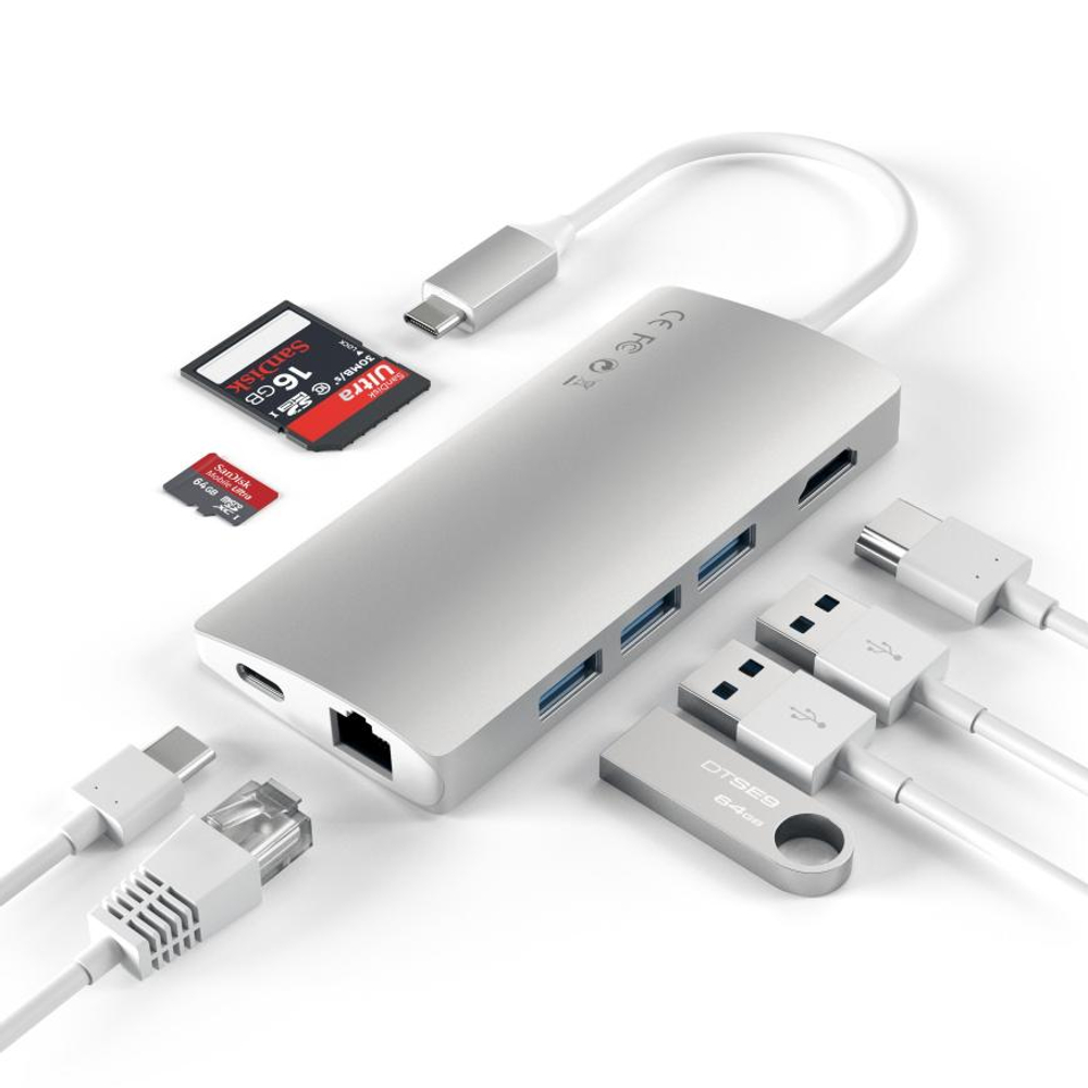 USB-Хаб Satechi Multiport V2 (USB-C) (ST-TCMA2) Подключение: встроенный кабель USB-C. Порты: USB-C (PD 3.1 115 Вт), USB-A 3.2 Gen 2, 2 USB-A 3.2 Gen 1, microSD, SD, HDMI (до 4K 60 Гц), Gigabit Ethernet