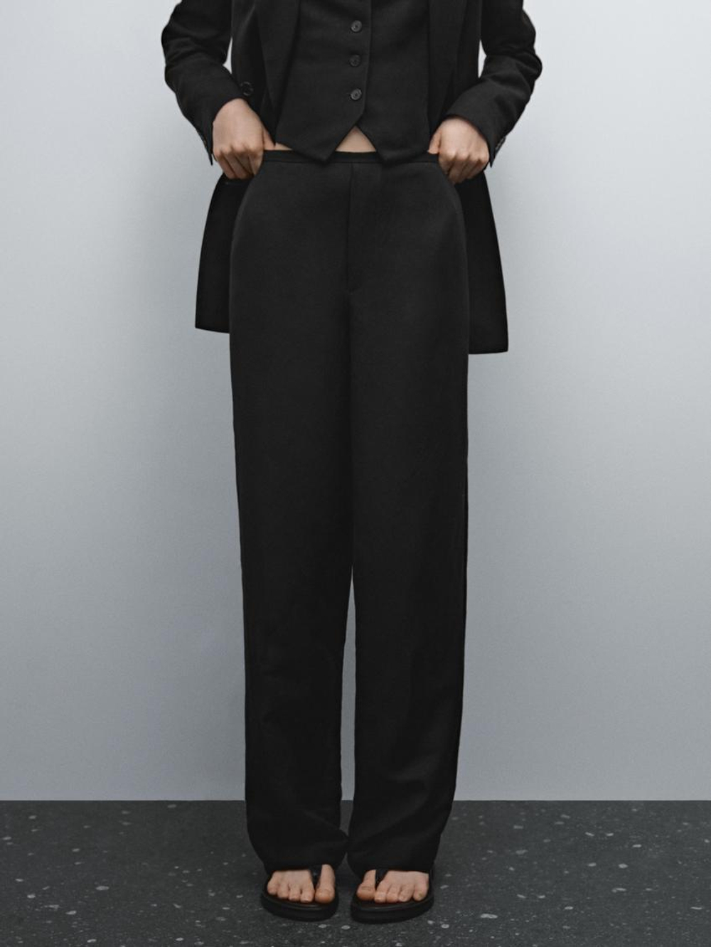 Massimo Dutti Брюки из смесового льна с лаконичным дизайном, черный