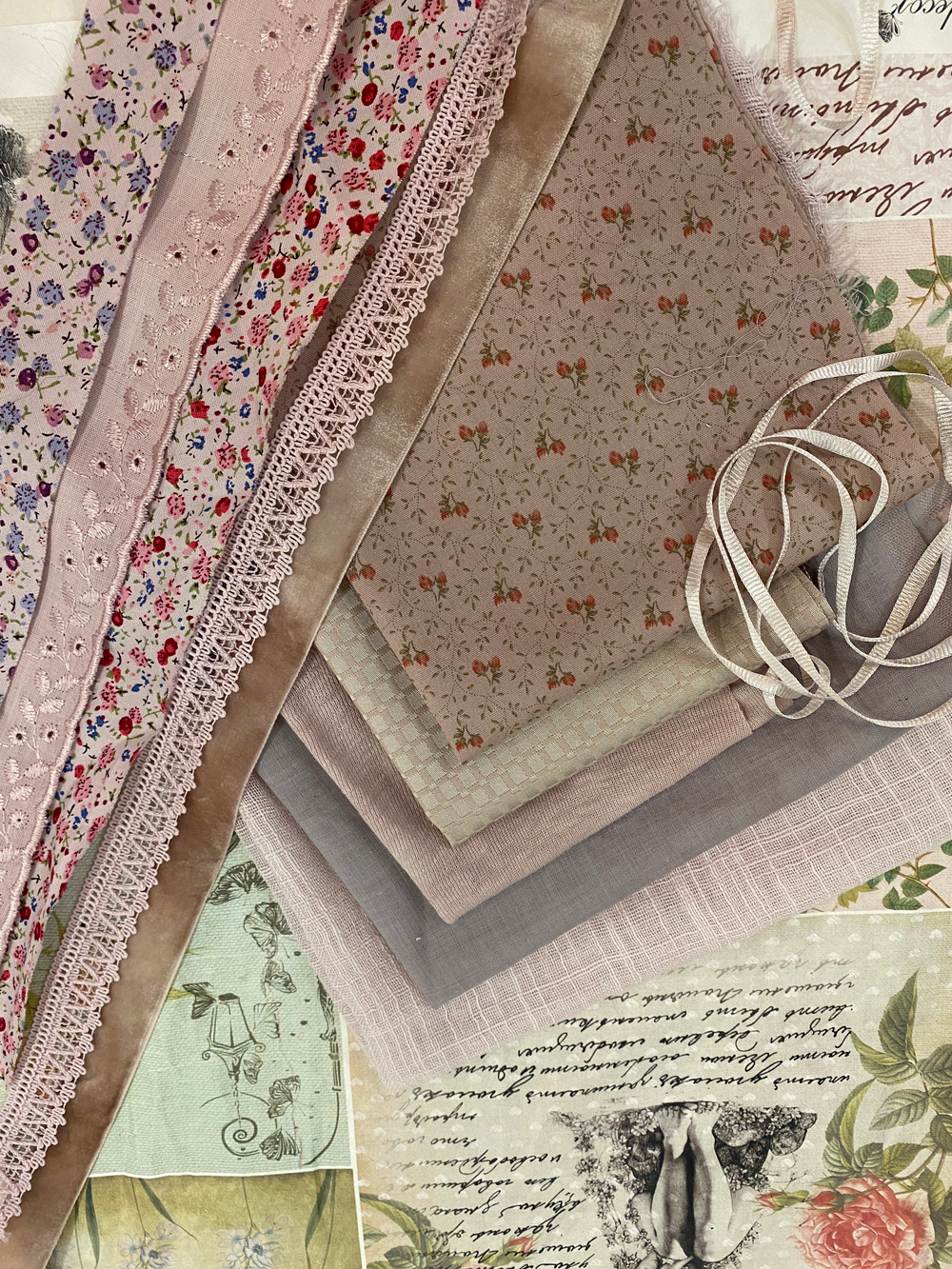 Набор лоскутов, тесьмы. кружева и кожи для изготовления куклы (ткани Италия) натуральное окрашивание