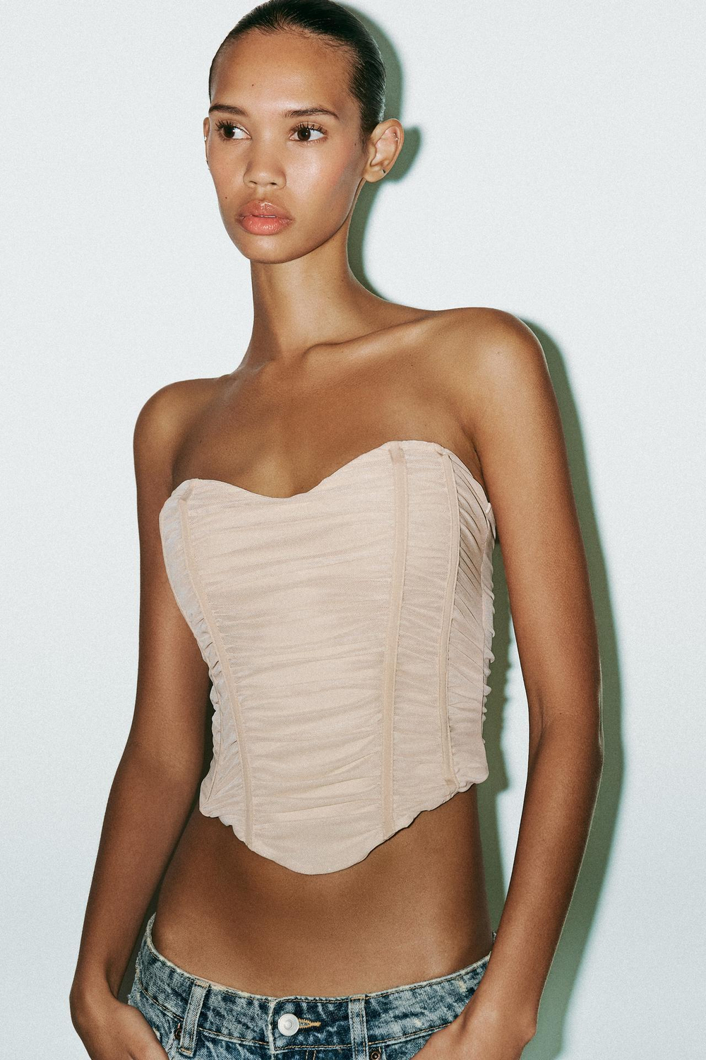 ZARA ТОП-КОРСЕТ ИЗ ПОЛУПРОЗРАЧНОЙ ТКАНИ СО СБОРКАМИ, ТЕЛЕСНО-РОЗОВЫЙ