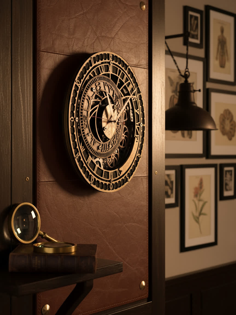 Настенные часы WOODandROOT Automaton Prague на кожаной панели с лупой и ретро-лампой, интерьер в викторианском стиле со старинными иллюстрациями
