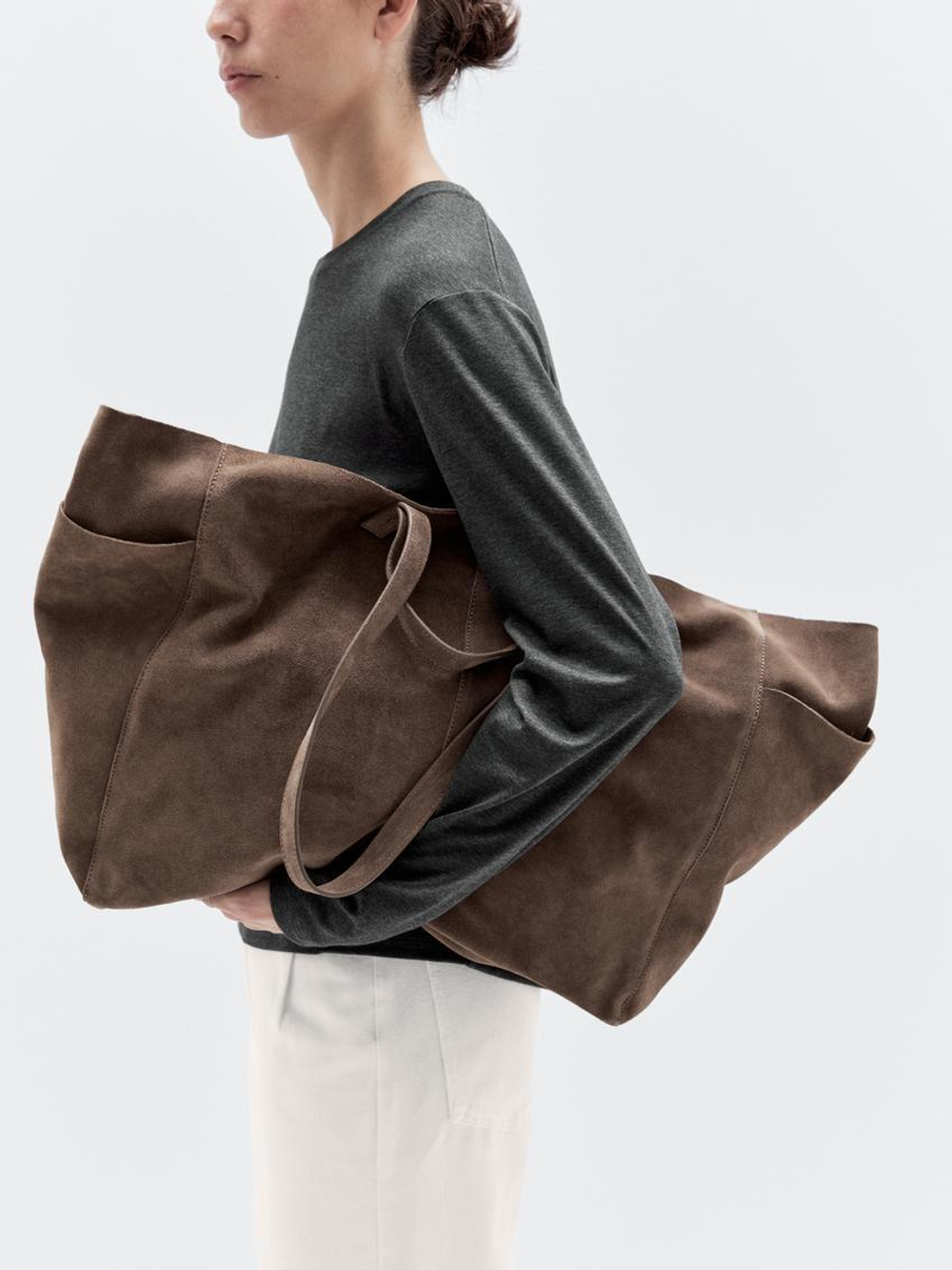 Massimo Dutti Большая сумка-шопер из замши и кожи, экрю