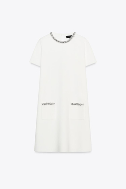 ZARA ОДНОТОННОЕ МИНИ-ПЛАТЬЕ СО СТРАЗАМИ, БЕЛЫЙ
