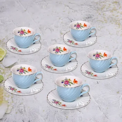 Кофейный набор 12 предметов «Цветочная фантазия» (6кружек 90мл+6блюдец), голубой