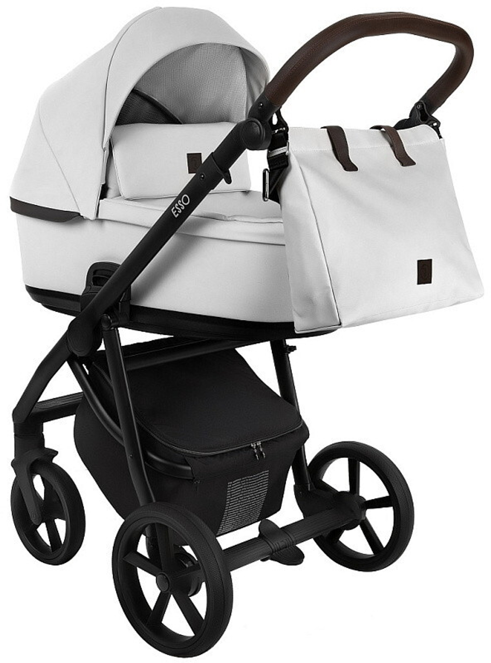 Детская коляска Roan Esso 2025 Кожа 2 в 1 ESSK/215/1 White/Black/руч.Тем.коричневый