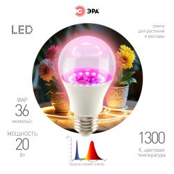 Фитолампа для растений светодиодная ЭРА FITO-20W-RB-E27 красно-синего спектра 20 Вт Е27 | ФИТО светильники
