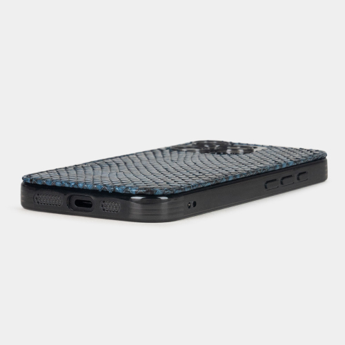 Чехол-накладка кожаная для iPhone 16 Pro, питон синего цвета