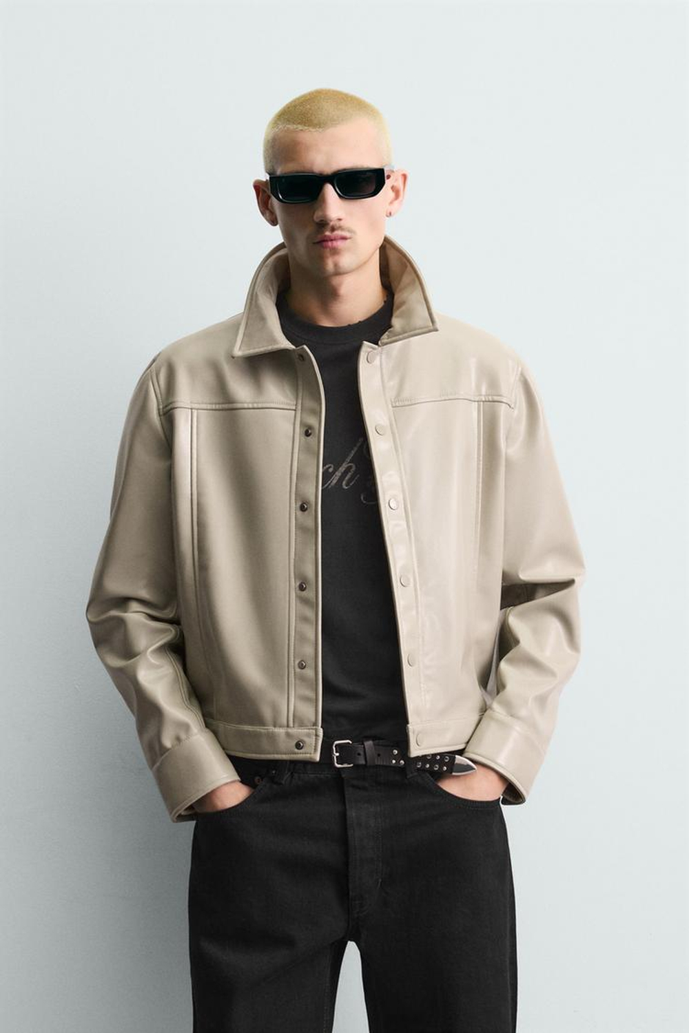 ZARA КУРТКА-РУБАШКА С ЭФФЕКТОМ ВИНИЛА, СВЕТЛЫЙ ХАКИ