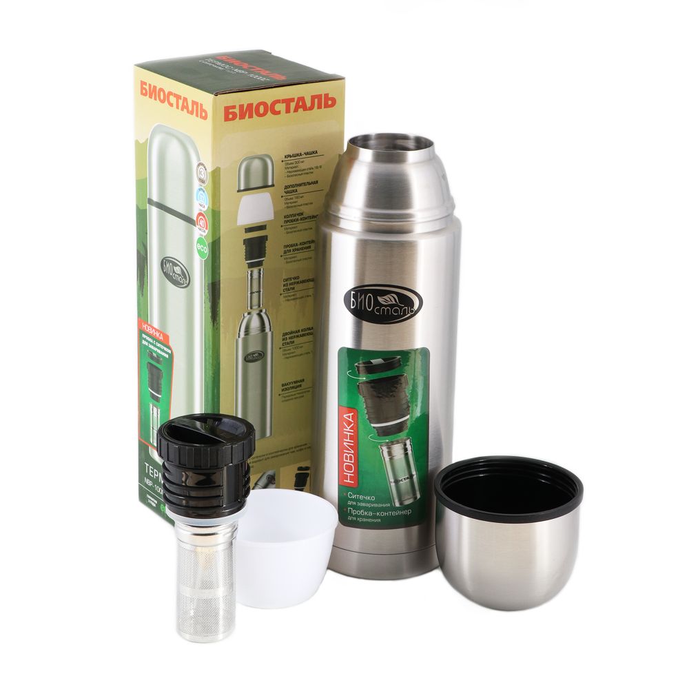 Термос &quot;Биосталь-ОХОТА&quot; с узкой горловиной и пробкой с ситечком, 1,0 л/12/