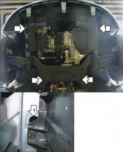 Защита картера Двигателя, КПП. 2 мм, Сталь. для KIA Soul 2009-2011, Hyundai i20 2008-2013 MOTODOR.01010